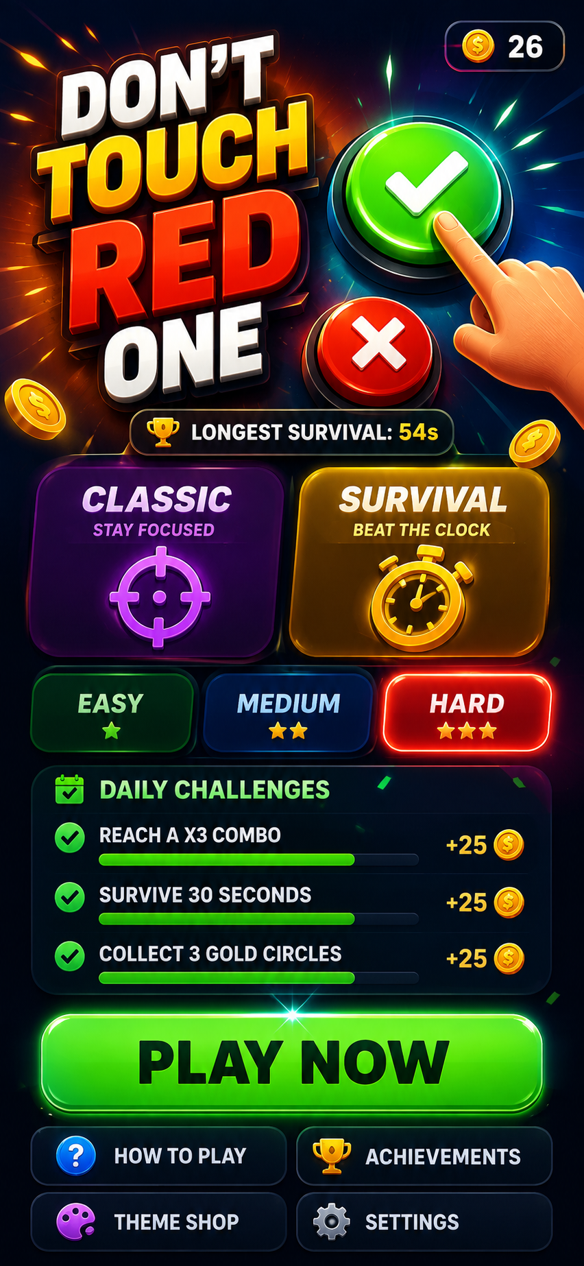 Home screen with daily challenges and mode selector