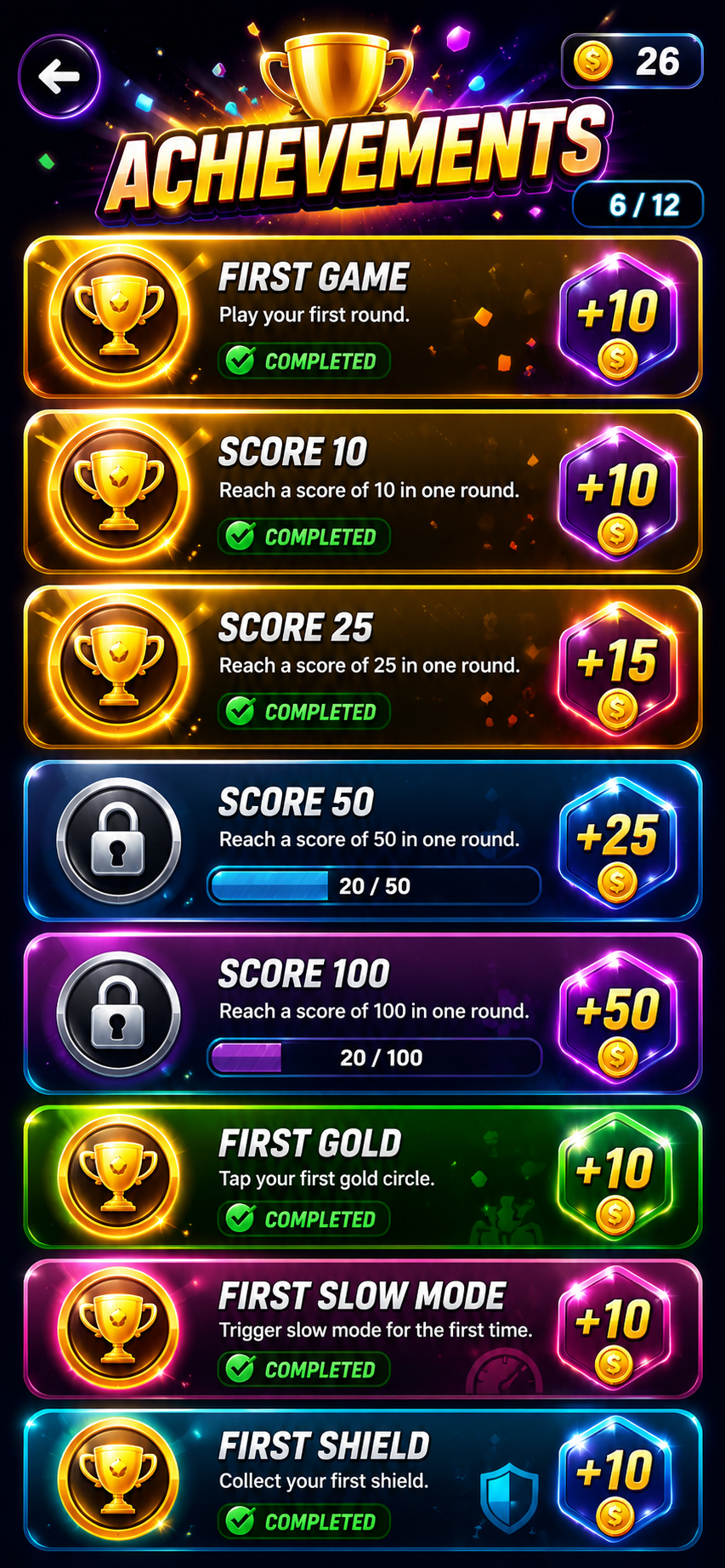 Achievements screen with locked and unlocked tiles